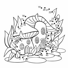 Dot to dot game. Kids activities page with riddle. Children numbers game connect drawing mushrooms fairy houses. Vector illustration.