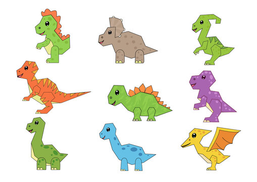 Set of cute cartoon dinosaurs. Collection funny animal characters. Vector illustration.