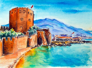 Naklejka premium Ancient fortress Kyzyl Kule in Alanya, Antalia, Turkey at sea and sky scene