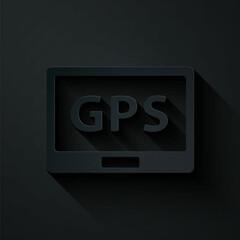 Paper cut Gps device with map icon isolated on black background. Paper art style. Vector Illustration