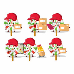 Cartoon character design of twirl candy working as a courier