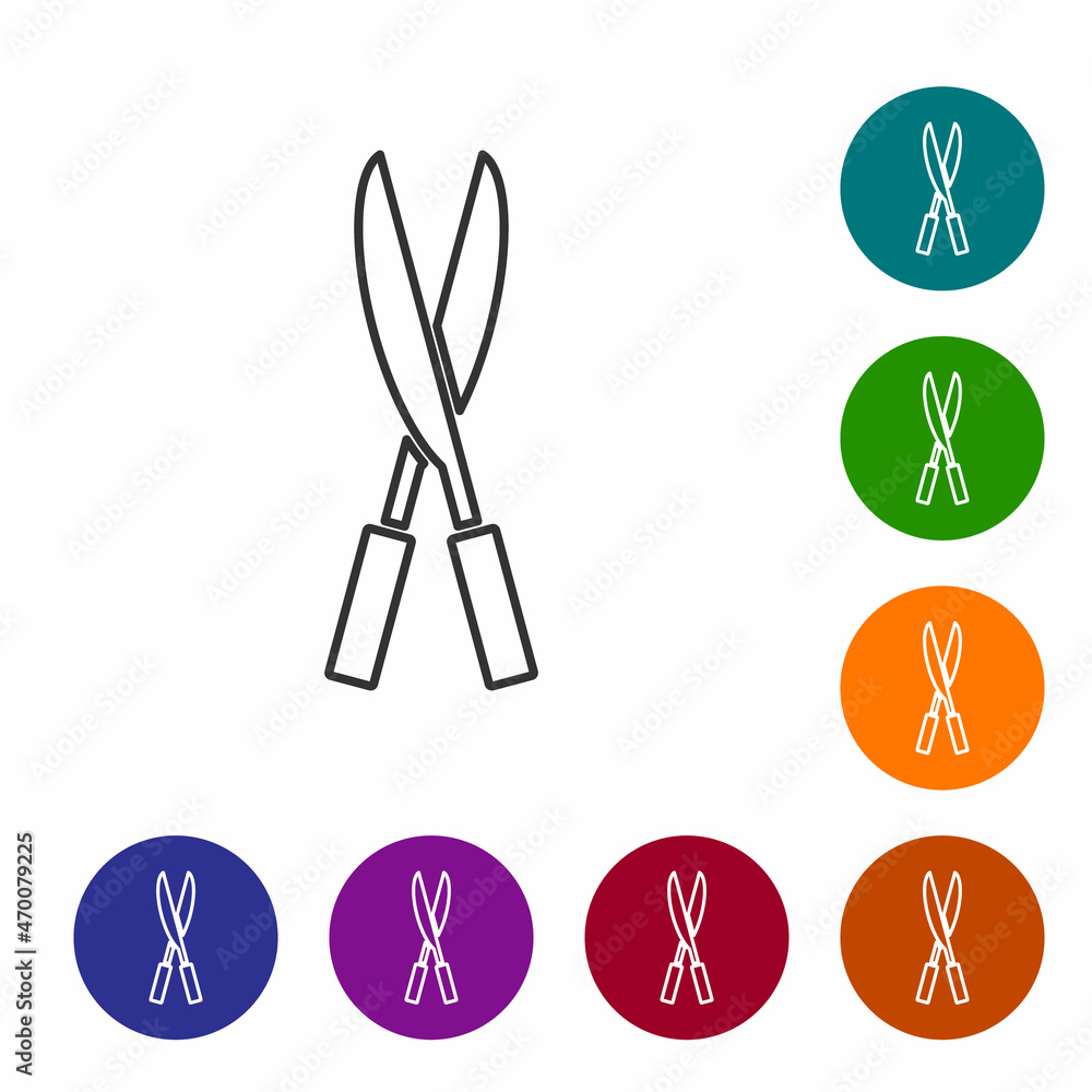 Poster black line gardening handmade scissors for trimming icon isolated on white background. pruning shear