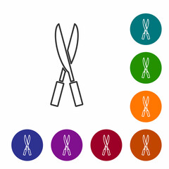 Black line Gardening handmade scissors for trimming icon isolated on white background. Pruning shears with wooden handles. Set icons in color circle buttons. Vector