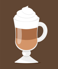 Latte with foam. Cup with a coffee drink on a brown background. Isolated image. Vector illustration in flat style
