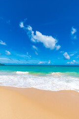 Beautiful white sand sea beach wave colorful sky with cloud