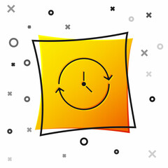 Black Clock icon isolated on white background. Time symbol. Yellow square button. Vector