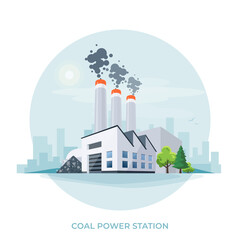 Coal-fired power plant station. Thermal factory that burns coal to generate electricity and produce emissions. Dirty fossil fuel combustion facility. Isolated vector illustration on white background. © petovarga