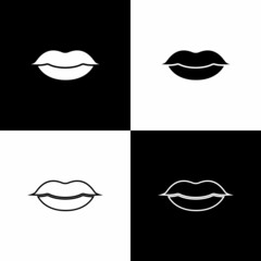 Set Smiling lips icon isolated on black and white background. Smile symbol. Vector