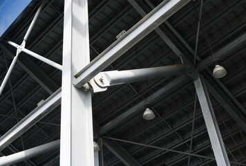 Architecture steel structure with hinges and fixed connection joint.	