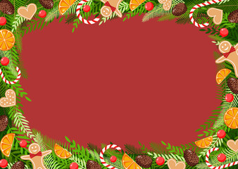 Christmas card made of natural pine, twigs, cones, garland, gingerbread men, sweets, cookies and dried orange for postcards, posters, banners. Illustration of Merry Christmas and New Year.