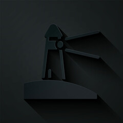 Paper cut Lighthouse icon isolated on black background. Paper art style. Vector