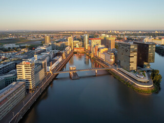 Obraz premium Modern Architecture at the Media Harbour at sunrise, Düsseldorf, North Rhine Westphalia, Germany
