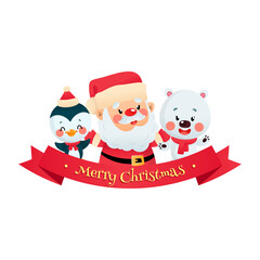 Cute Merry Christmas card with cartoon characters. Winter holiday badge with cute funny Santa Claus, a penguin, a polar ber and a red ribbon isolated on a white background. Vector illustration 10 EPS.