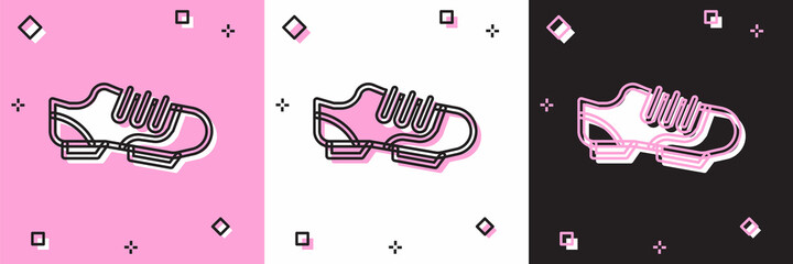 Set Triathlon cycling shoes icon isolated on pink and white, black background. Sport shoes, bicycle shoes. Vector