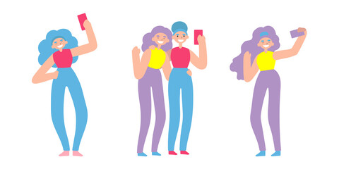 Vector flat illustration with doodle woman with a device. Girl holds a smartphone, take selfie, talking and sending messages. Bundle of a modern female character with a mobile device