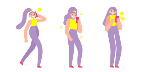 Vector flat illustration with doodle woman with a device. Girl holds a smartphone, take selfie, talking and sending messages. Bundle of a modern female character with a mobile device