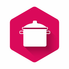 White Cooking pot icon isolated with long shadow background. Boil or stew food symbol. Pink hexagon button. Vector