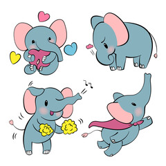 Emotional sticker set with cute elefant. Kawaii style. Cartoon emoji sticker with elefants in different moods. Vector illustration.