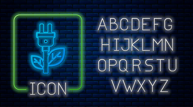 Glowing neon Electric saving plug in leaf icon isolated on brick wall background. Save energy electricity. Environmental protection. Bio energy. Neon light alphabet. Vector