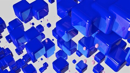 3d abstract background with blue glossy cubes chaotic geometrical objects. 3d render copy space template for advertising, marketing, tech company, business, corporations.