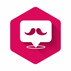 White Mustache icon isolated with long shadow background. Barbershop symbol. Facial hair style. Pink hexagon button. Vector