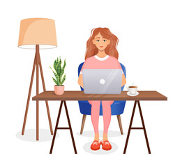 Woman sits at a table, works at home at a computer. Remote work, freelance, home office, programming, training. Vector illustration.