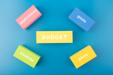 Budget planning concept. Text budget, plan, goals, aspirations written on colored rectangles against blue background