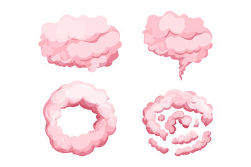 Set pink clouds, fluffy magic in cartoon style isolated on white background. Collection smoke, fog cute decoration. Ui game asset.