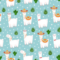 Seamless pattern with funny llamas in sombrero and glasses, with stars, scarlet with cacti on a blue background. Vector illustration for baby texture, fabric, poster, postcard. Alpaca from Peru.