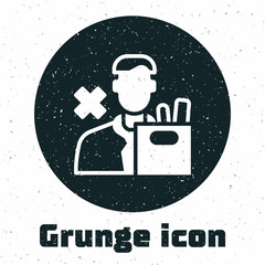 Grunge Dismissed sad young man carrying box with his personal belonging leaving his job icon isolated on white background. Employee fired from work. Monochrome vintage drawing. Vector
