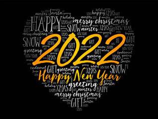2022 Happy New Year Heart word cloud collage, holiday background