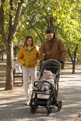 Happy parents walking with their baby in stroller at park on sunny day