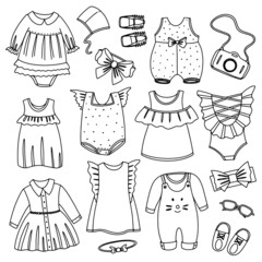 Set children of clothes in line for girl. Hand drawn black outline. Vector illustration