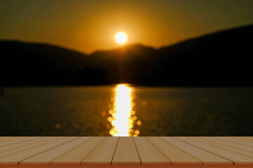empty table Nice landscape with sunset on lake,blur can be use background
