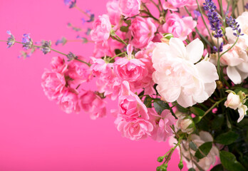Beautiful Roses Bouquet Flowers isolated on pink background