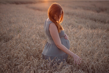 pregnant red-haired young woman walking on agricultural field stroking wheat ears at sunset, future mother relaxing in nature, concept of motherhood and health