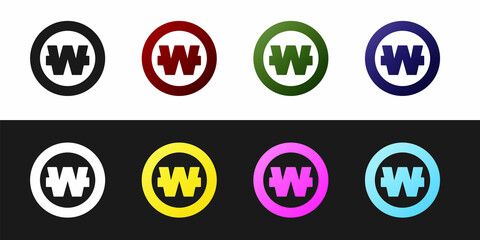 Set South Korean won coin icon isolated on black and white background. South Korea currency business, payment and finance. Vector