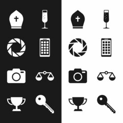 Set Mobile Apps, Camera shutter, Pope hat, Glass of champagne, Photo camera and Scales justice icon. Vector