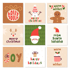 Vector set with Christmas card templates. Winter holiday cards with cute characters - gingerbread man, deer, snowman, Santa. Flat vector illustration.