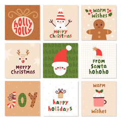 Fototapeta premium Vector set with Christmas card templates. Winter holiday cards with cute characters - gingerbread man, deer, snowman, Santa. Flat vector illustration.