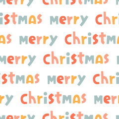 Vector seamless pattern with Merry Christmas text. Cute repeating background with color design. Flat illustration.