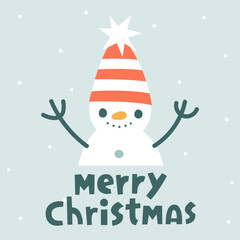 Vector Christmas card with cute snowman and Merry Christmas text. Flat illustration with holiday design.