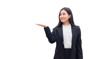 A beautiful Thai Asian woman in a suit is crossing her arms, spreading her hands and looking to her left. with white background