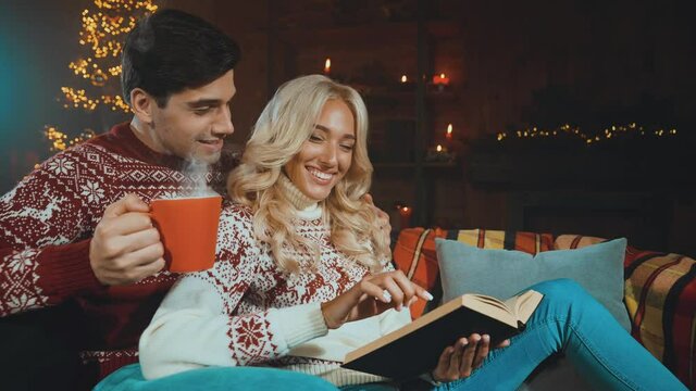 Romantic lady guy sit cozy sofa read diary drink eggnog x mas tree indoors 
