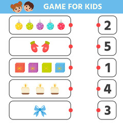 Game for children with pictures on Christmas theme. How many? Vector kids activity sheet. Children funny riddle entertainment.