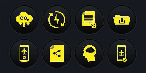 Set Flight mode in the mobile, Folder download, Share file, Head silhouette with cloud, and Recharging icon. Vector