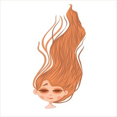Long red hair young cute girl portrait. Blowing in the wind, hairstyles, vector illustration in cartoon style.