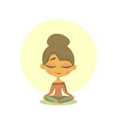 Cartoon girl meditating in yoga lotus pose. Concept illustration for yoga, meditation, relax, recreation, healthy lifestyle. Vector illustration in flat cartoon style.
