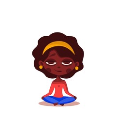 Beautiful black girl meditating in yoga lotus pose. Concept illustration for yoga, meditation, relax, recreation, healthy lifestyle. Vector illustration in flat cartoon style.