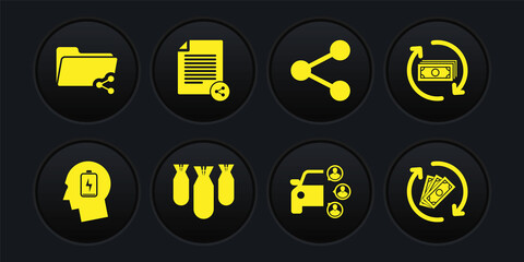 Set Head with low battery, Refund money, Aviation bombs, Car sharing, Share and file icon. Vector